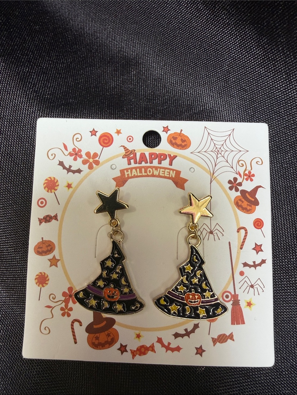 Happy Halloween Kids Black Witch Hat Dangle Earrings by